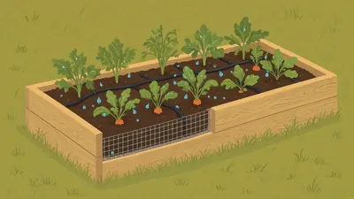 Illustrated drip line watering plants in a raised bed lined with hardware cloth
