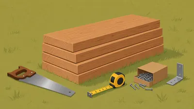 Illustrated stack of cedar boards with a hand saw, tape measure and screws